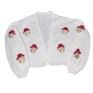 Womens Ivory Mushroom Embroidered Knit Cardigan Sweater Open Front Relaxed Fit